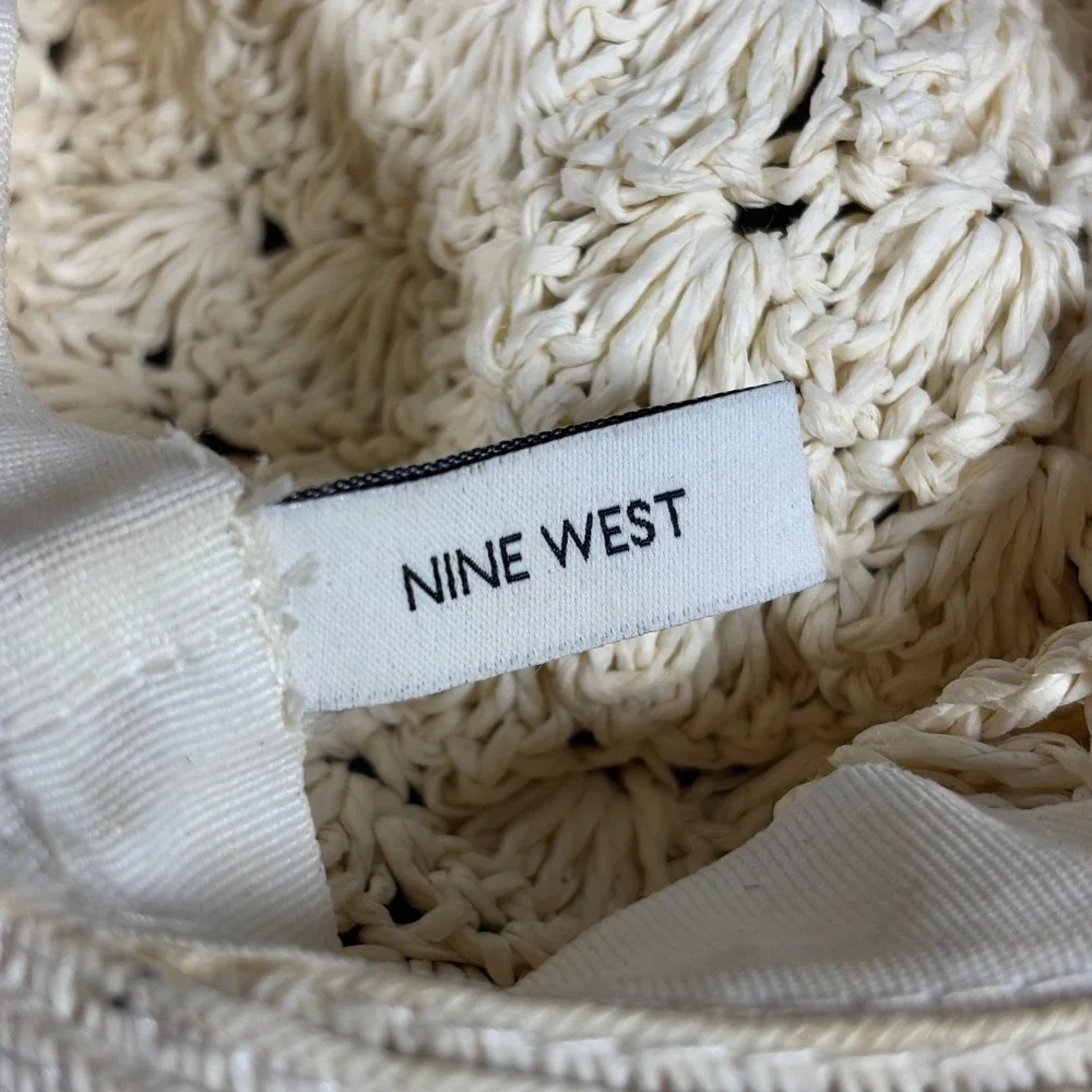 Nine West Womens Wide Brim Floppy Sun Hat OS Cream Crochet Straw Beach Summer